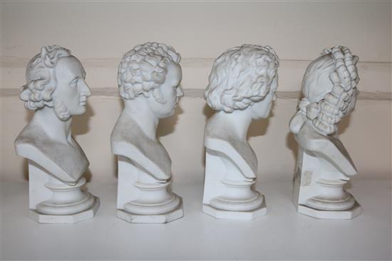 Four Continental biscuit porcelain busts of Bach, Beethoven, Mendelssohn and Schubert, height 19cm